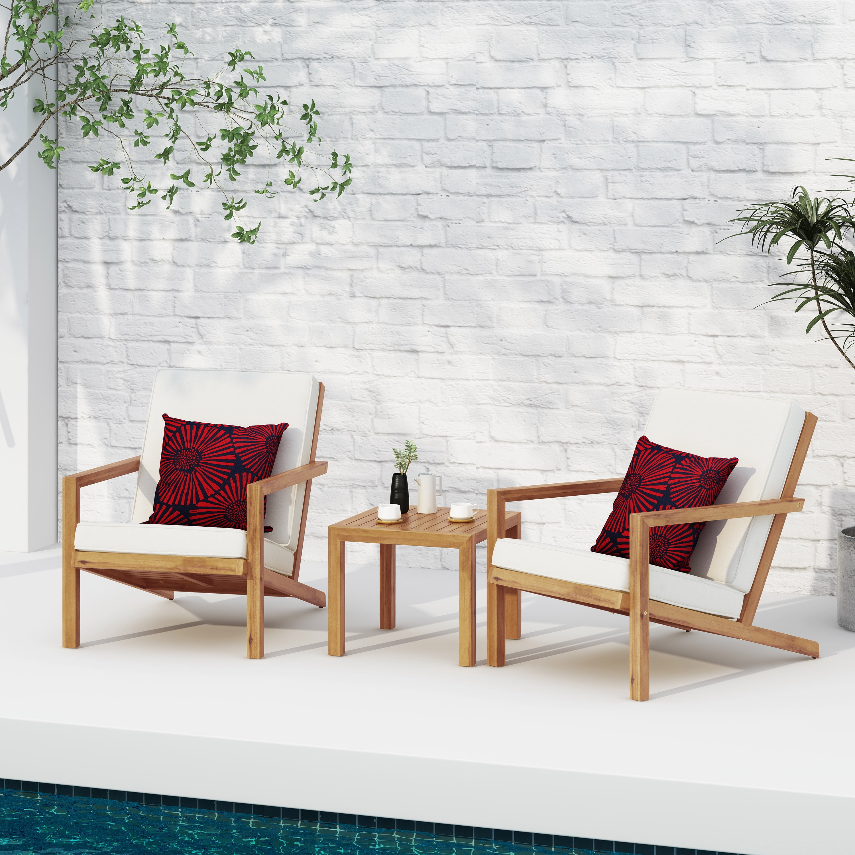Outdoor 3 Piece Leisure Conversation Set, Acacia Wood Combined Furniture for Patio Garden, Teak and Cream