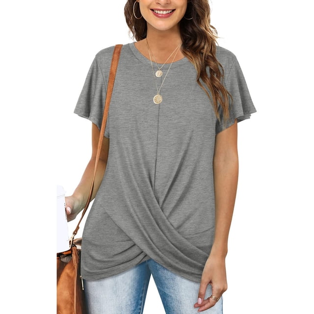 UANWENN Women's Casual Knot Ruched Short Sleeve T Shirt Round Neck for Spring & Summer Compression Shirt Long Sleeve Compression Shirts for Women Long Sleeve Women Workout Tops Raglan T Shirt Women