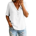 thumbnail image 5 of LIZUOJUN Women's Mid sleeve T-shirt Casual Button Down Washed Cotton LinenMiddle Length Sleeve Tops Casual Button Round Neck Loose Summer Top T Shirt,White L, 5 of 6