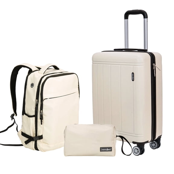 Tripcomp 3 Piece Carry-on Luggage Sets, Hardside Suitcase with Spinner Wheels,Travel Backpack and a Packing Cube (White)