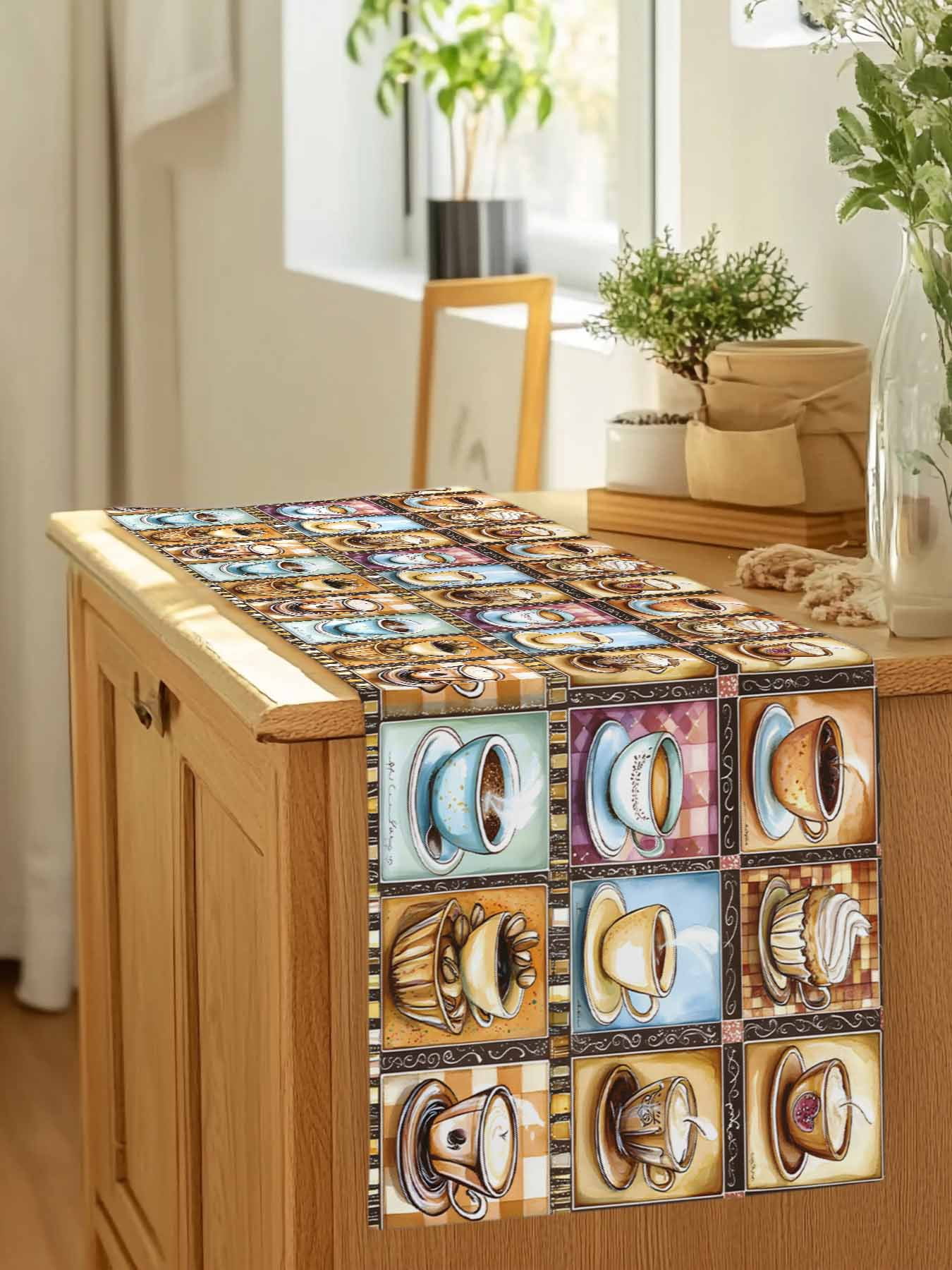 Coffee Cake Dessert Food Table Runner 90 Inches Long, Retro Collage Art Table Runners Tabletop Scarf Kitchen Dining Tables Decoration for Home Party Indoor Outdoor