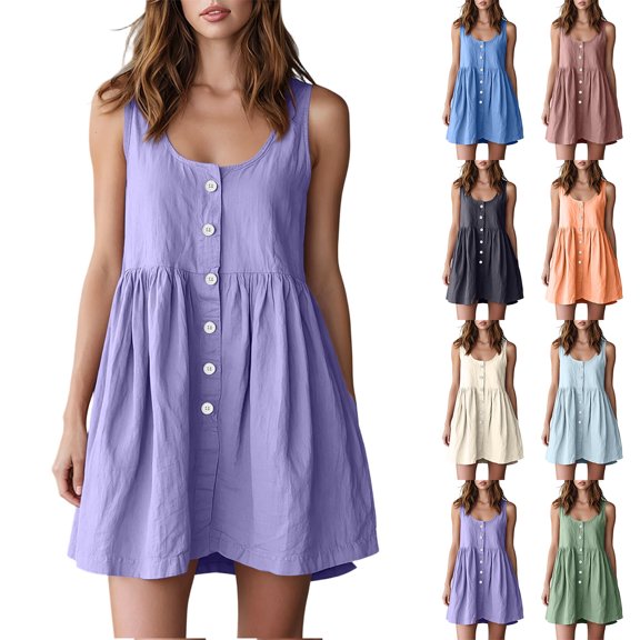 Zpzdpjkx Women's Sleeveless Washed Pleated Mini Dress, Summer Casual Round Neck Button Down Loose Sundress with Pockets