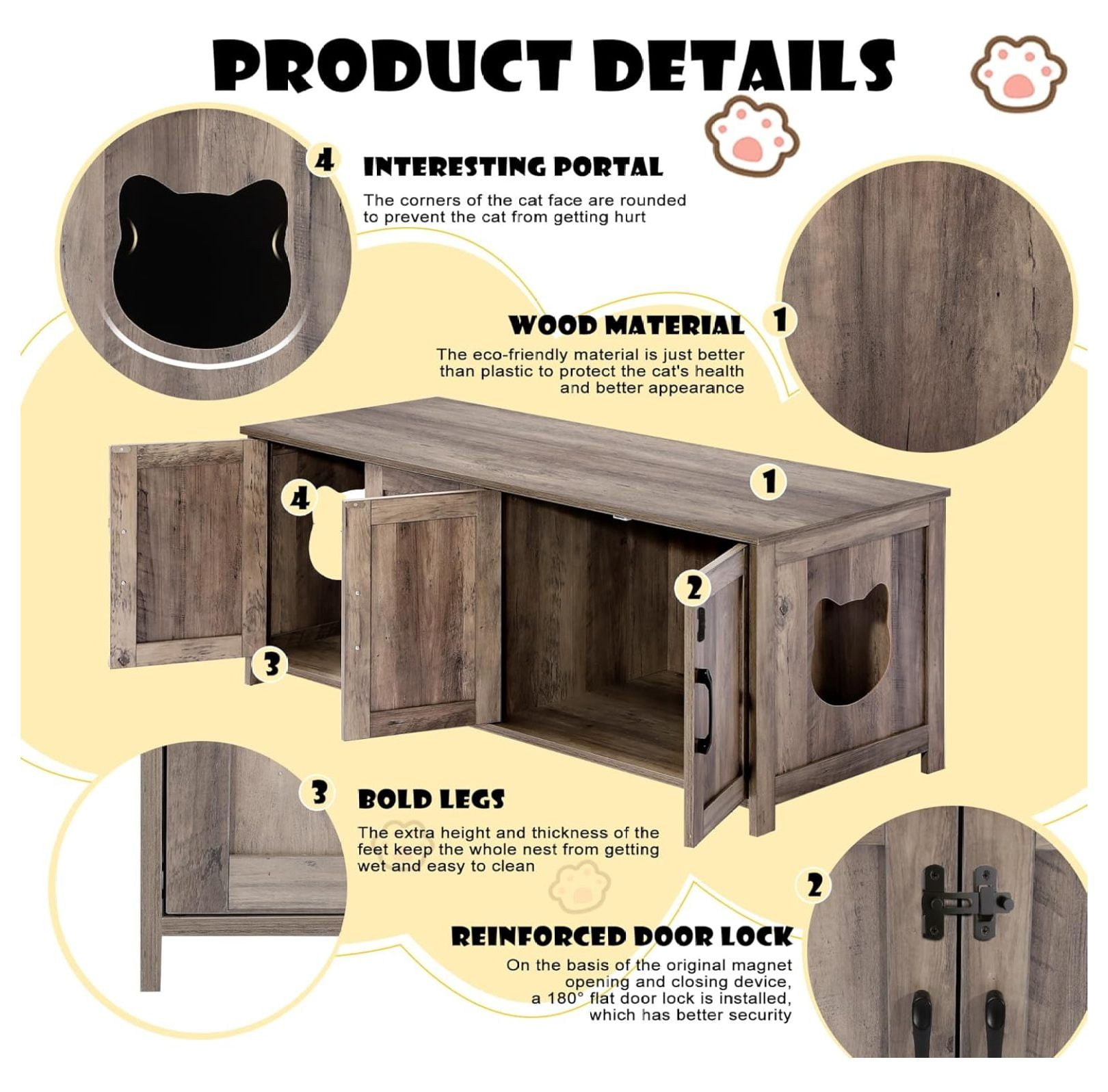 Cat Litter Box Enclosure for 2 Cats - Litter Box Furniture with Lockable Door,Wooden Cat Washroom Furniture with Double Room,Cat House,Hideaway Litter Box,Greige