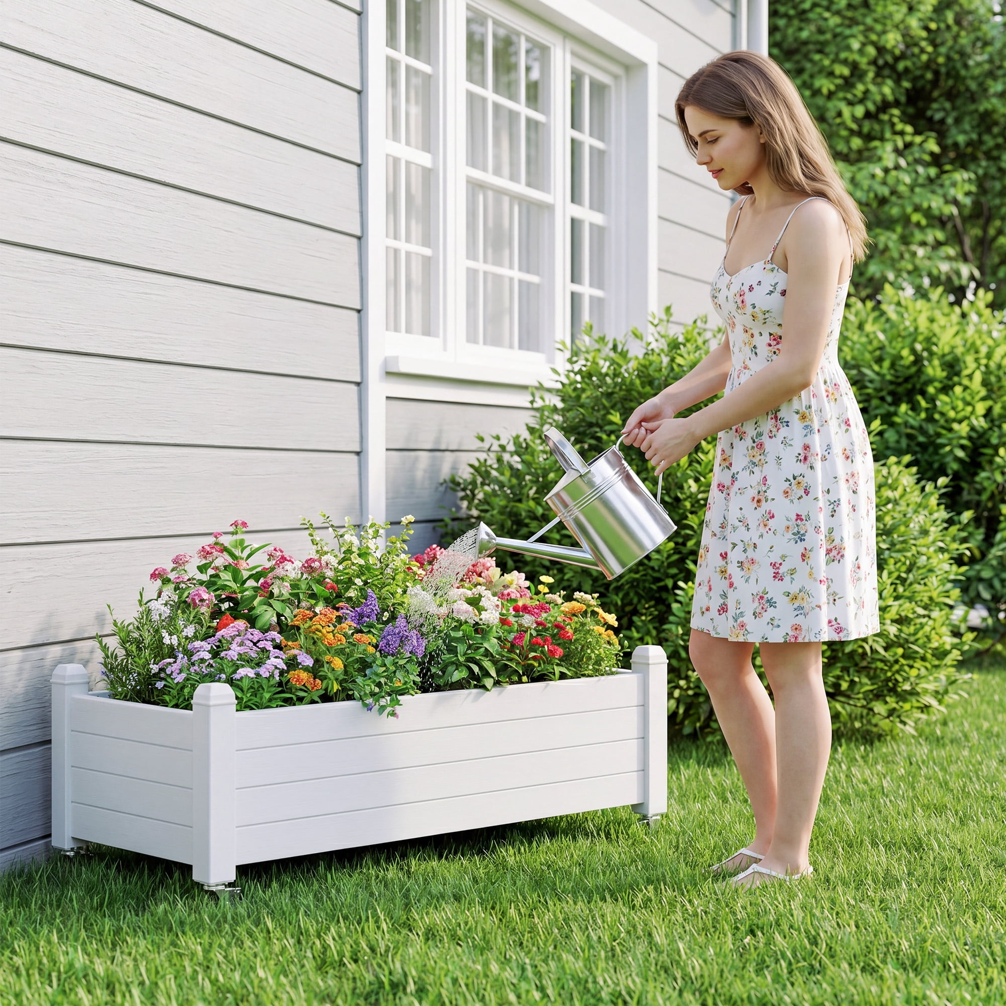 Nihsuao Mobile Raised Garden Bed with Lockable Wheels, Weather-Resistant Wood-Grain Planter Box for Patio, Balcony, Herb & Vegetable Growing, White