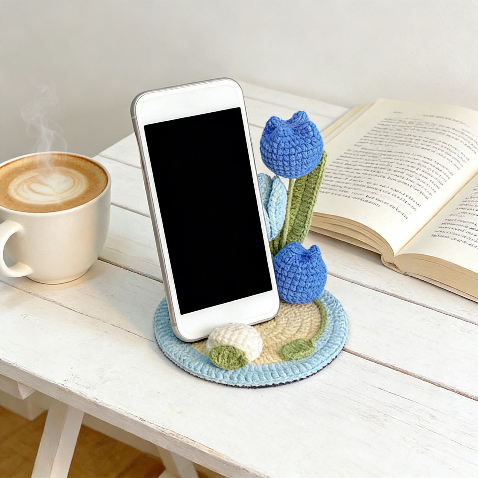AURIGATE Handmade Crochet Tulip Flower Phone Stand, 5.12 Inch Cotton Cute Floral Phone Holder for Desk Home Office Decor