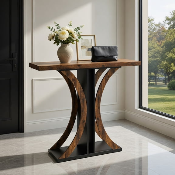Resenkos 39.5 Inch Stylish Console Table with Geometric Frame, Rectangular Entryway Table with Wood Grain for Living Room, Rustic Brown