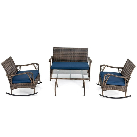Costway Ensemble à Bascule en Osier 4 Pcs avec Causeuse et Table Basse Cadre en Métal Robuste