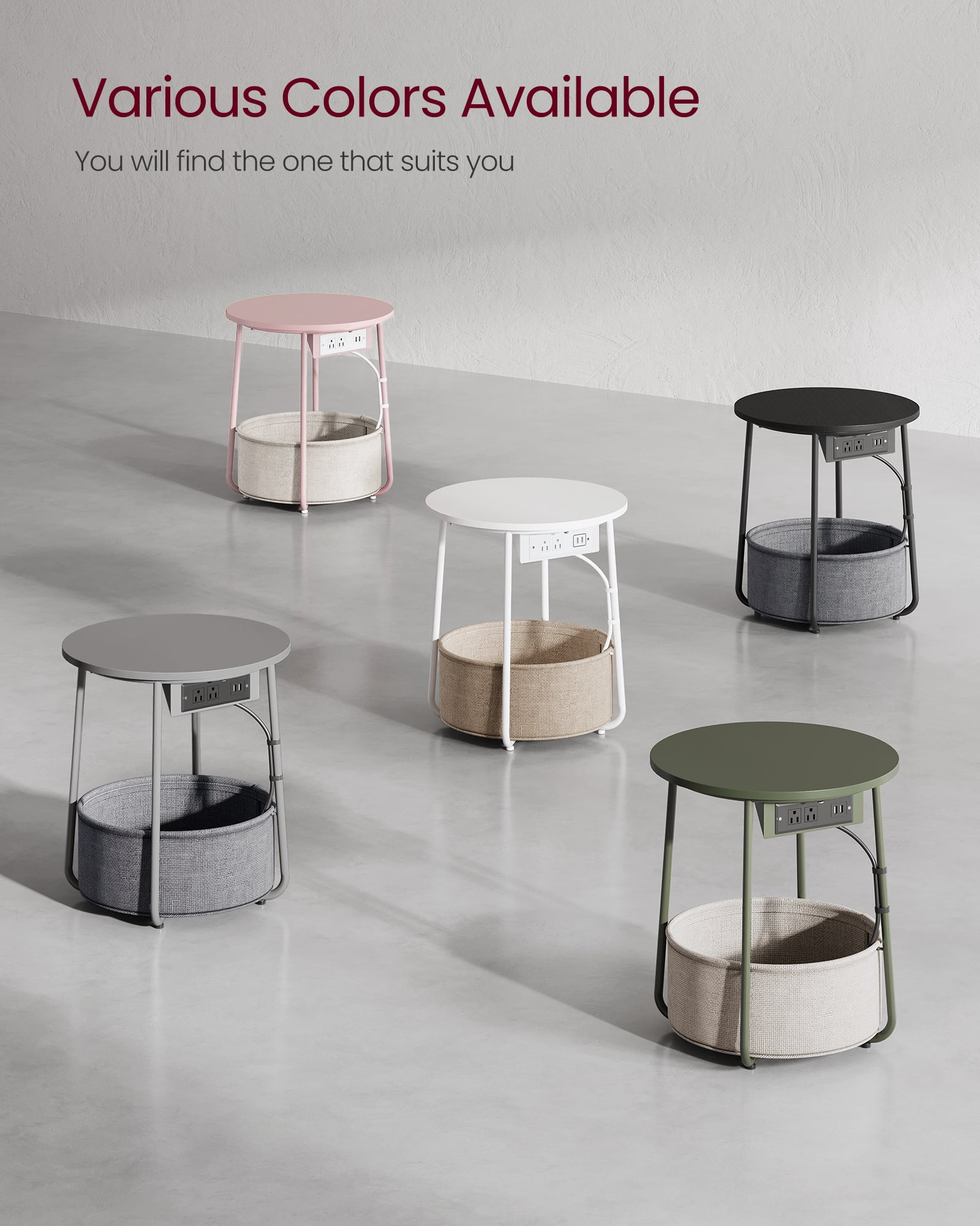 VASAGLE LILEA Collection - Side Table with Charging Station, Round End Table with Fabric Basket, Nightstand with USB Ports, for Living Room, Bedroom, Modern, Dove Gray and Slate Gray