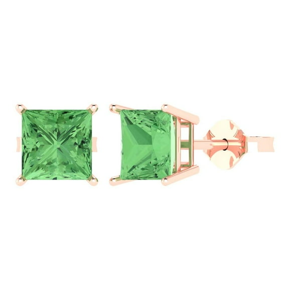 3 ct Push-Back Stud Earrings for Women | 6.5mm Princess Cut Simulated Green Diamond | 18K Rose Gold