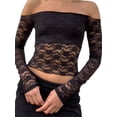 thumbnail image 3 of Arvbitana Women Lace Camisoles Long Sleeve Off-shoulder Floral See-through Mesh Crop Tops Sexy Slim Fit Basic Tee Streetwear Clubwear, 3 of 5