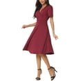 thumbnail image 4 of INSPIRE CHIC Women's Summer Wrap V Neck Puff Short Sleeve Midi Swing Dress with Pockets S Wine Red, 4 of 6