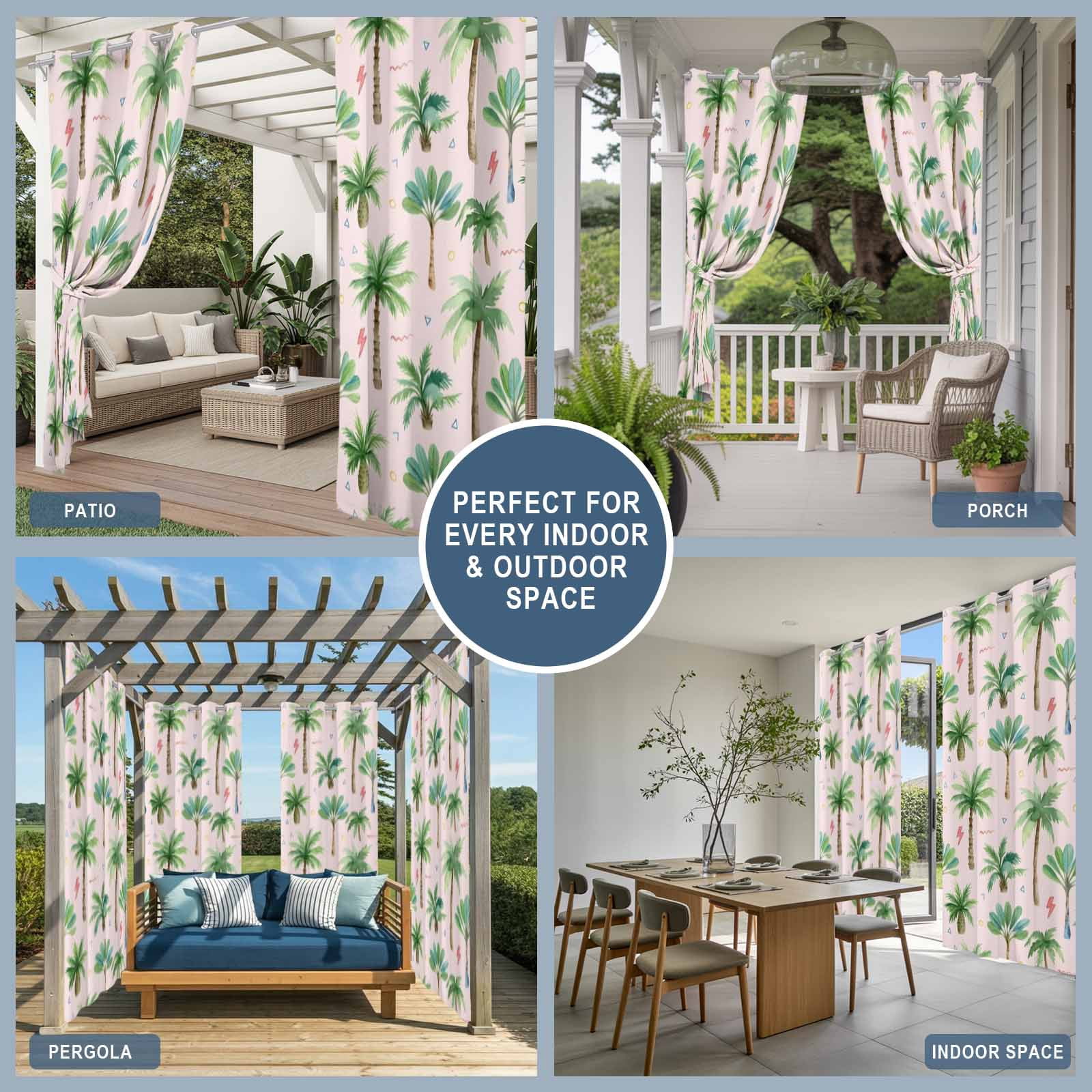 Tropical Palm Tree Outdoor Curtains for Patio, Lightning Summer Forest Pink Boho Sunshade Privacy Drapes Grommet Waterproof Outside Curtains for Porch/Cabana/Balcony 54"x 108", 1 Panel
