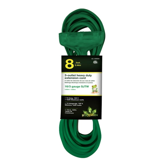 GoGreen Power (GG-15008GN) 16/3 8' 3-Outlet Heavy Duty Extension Cord, Green, 8 FT