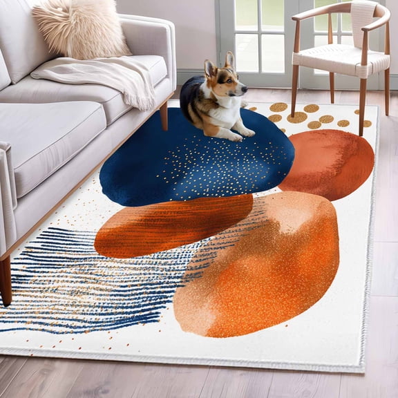 3'x5' Area Rugs, Navy Blue Burnt Orange Indoor Outdoor Area Rug for Living Room Bedroom, Vintage Artwork Geometric Washable Bathroom Rugs Kitchen Floor Carpet Mats Home Decor Aesthetic