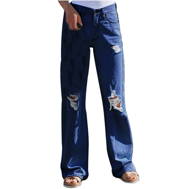 Flywake Jeans Denim Pants for Women Clearance Womens Hole Button Zipper Pocket  Jeans Casual Denim Flares Wide Leg Slim Pants 
