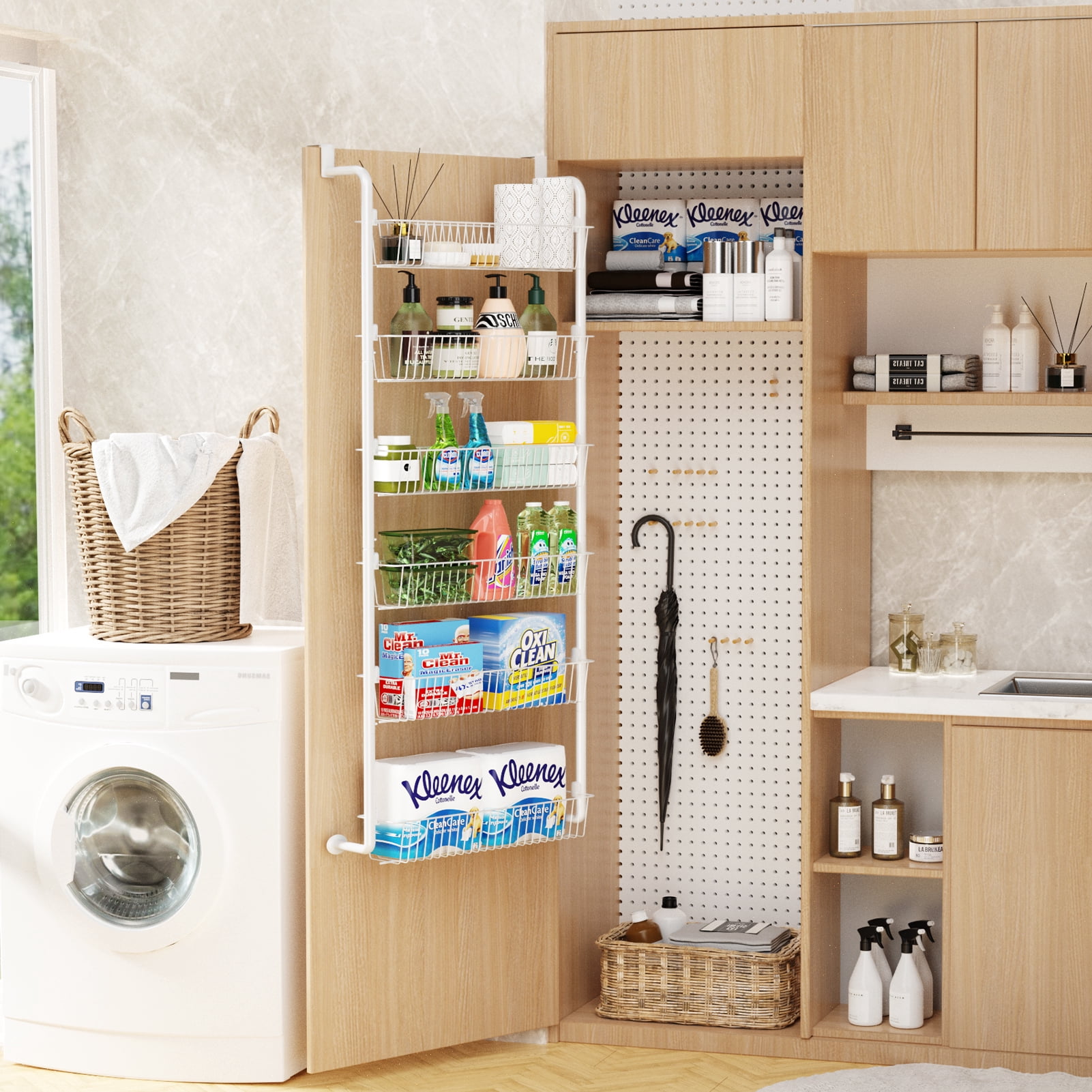 Yeabett 6-Tier Over the Door Pantry Organizer, Larger Baskets Metal Pantry Organization and Storage, Door Back Hanging Space Saver for Kitchen, Laundry, Bathroom, White