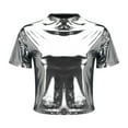 thumbnail image 3 of Sweet Home Farm Short Sleeve Shirts for Women Solid Color Reflective Shiny Metallic Round Neck Bodysuit T Shirt T Shirts for Women Silver, 3 of 8