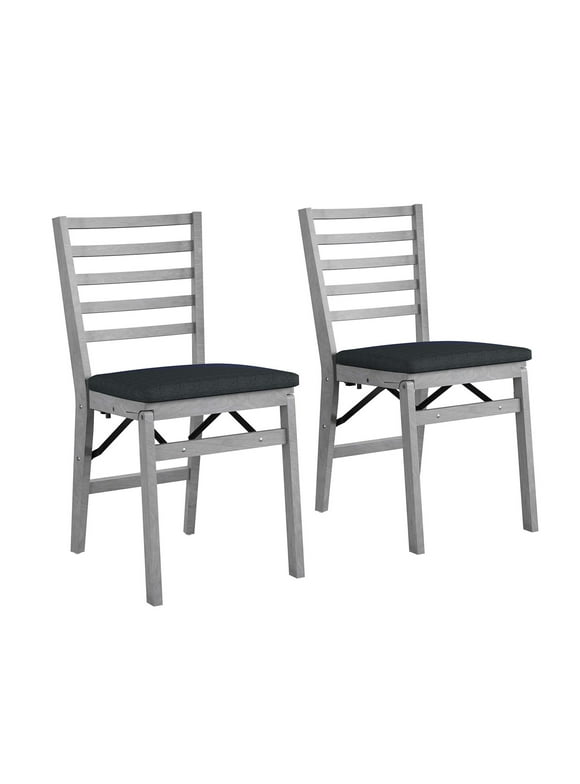 COSCO Contoured Back Wood Folding Chair with Fabric Seat, Gray Wash, 2-Pack