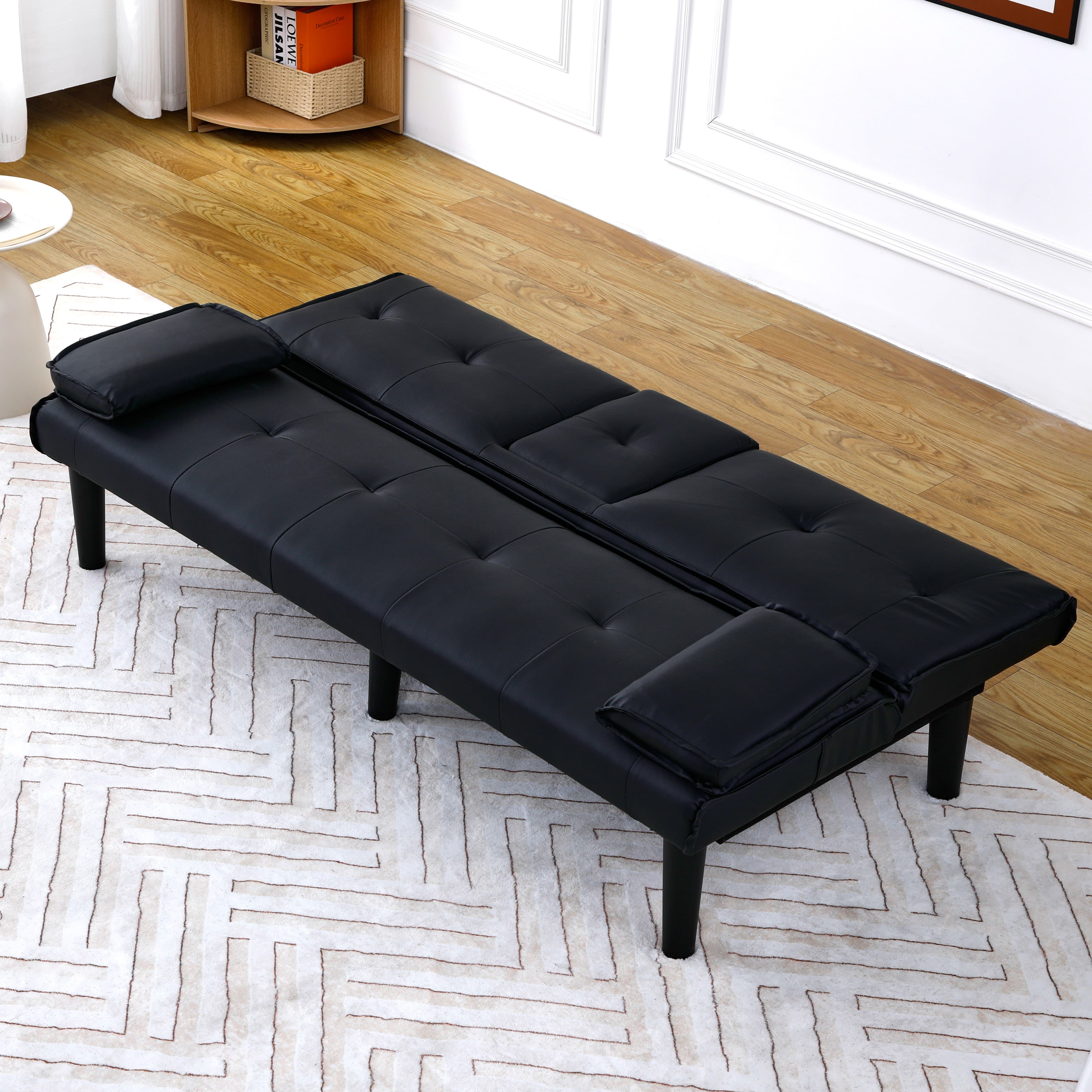 MAYEERTY 67" Convertible Sofa Bed PVC Loveseat Sofa with Cup Holder for Apartment, Living Room, Small Space, Black