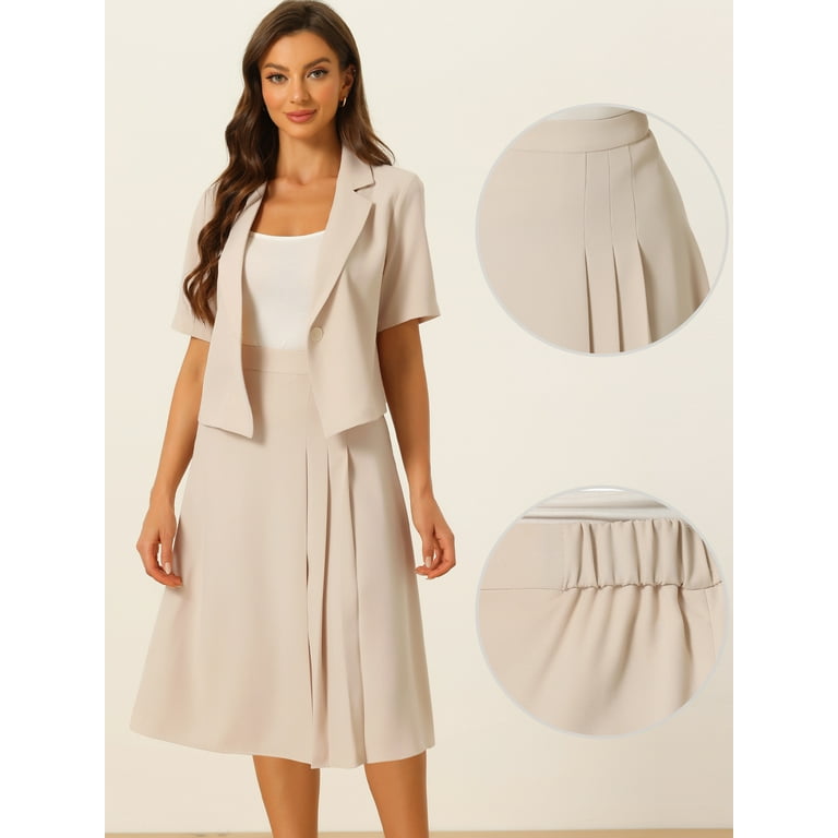 Unique Bargains Women s Short Sleeve Blazer Skirt Suits Dressy Business Skirt Suit Set S Apricot Walmart