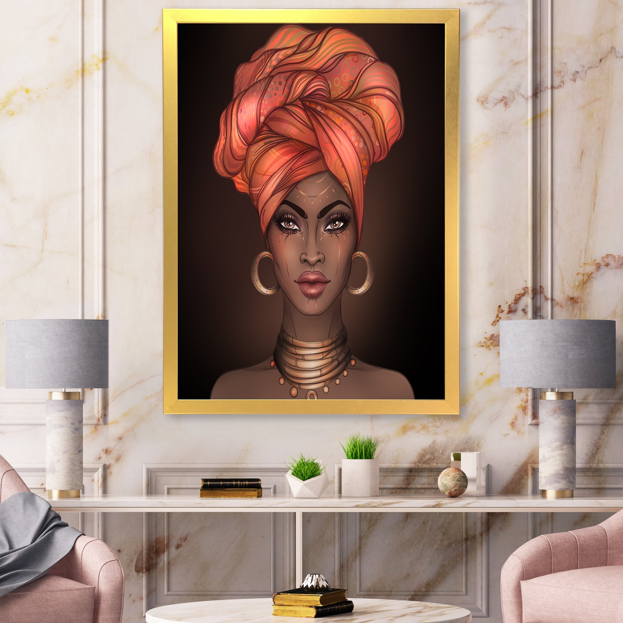 Designart 'African American Woman Portrait with Turban V' Modern Framed Art Print
