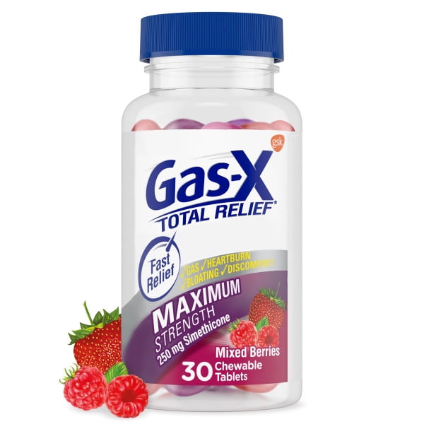 Gas-X Total Relief Chewable Tablets with Maximum Strength Gas Relief Simethicone 250 mg and Heartburn Relief Calcium Carbonate 750 mg, Mixed Berries - 30 Count