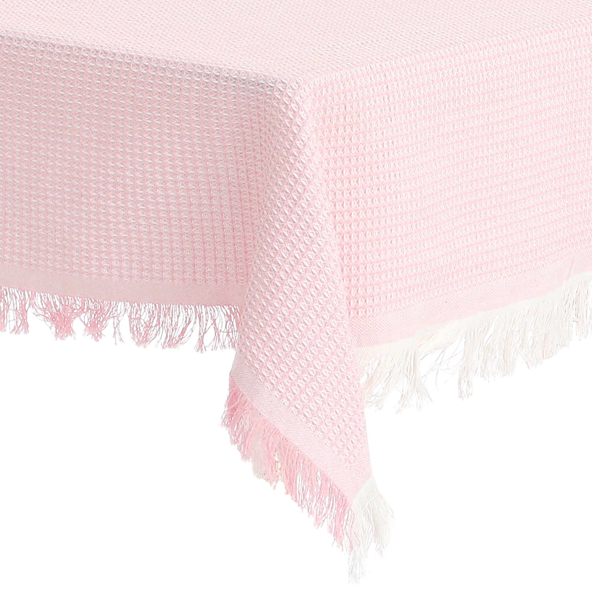 Unique Bargains Rectangle Cotton Linen Table Cover with Tassels for Dining Table Pink 71"x71"