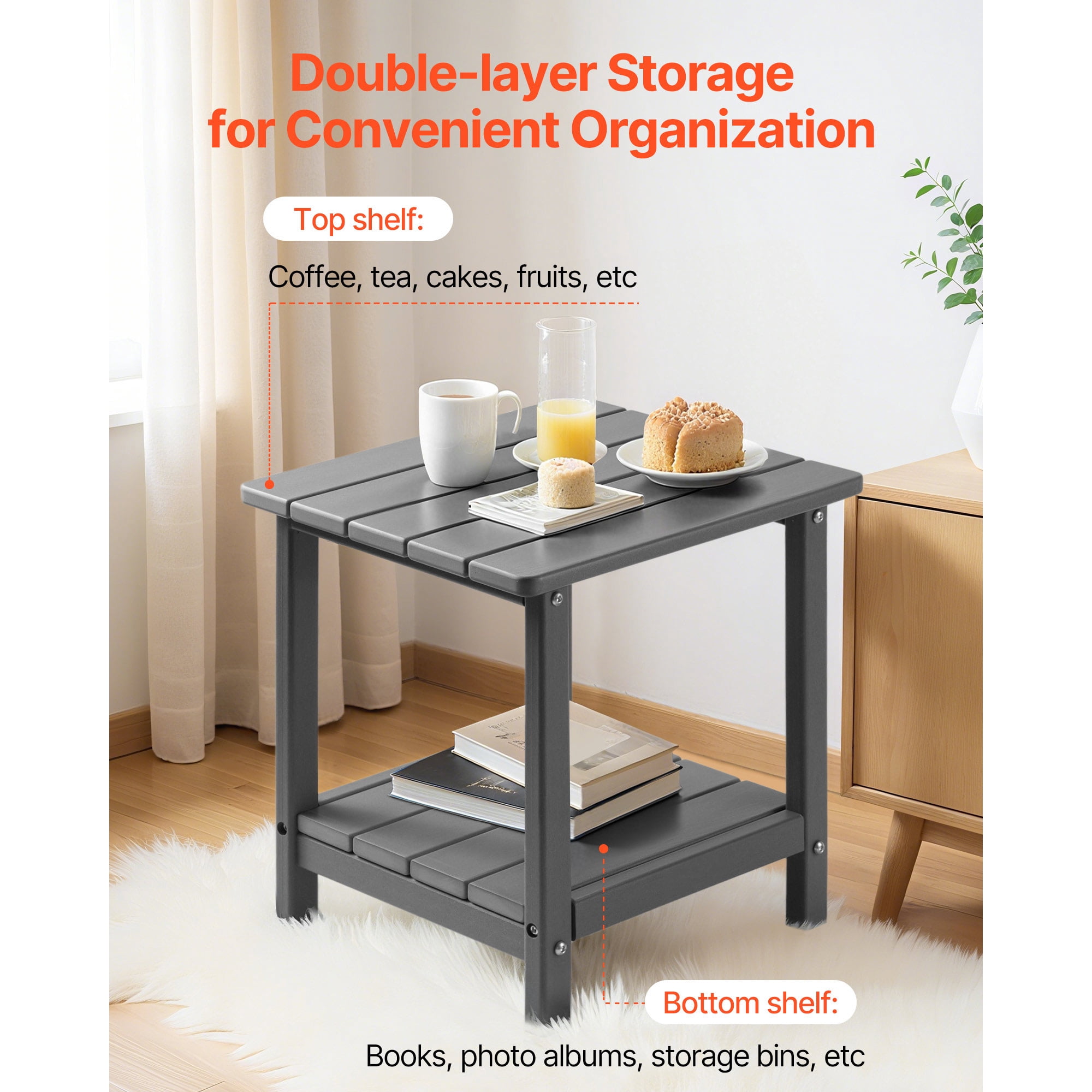 KFFKFF Outdoor Side Table, 17.72W x 14.96D x 17.32H Inch, Double-Layer HDPE End Table for Easy Care, Durable in Various Weather Conditions, Suitable for Patio, Poolside, Beach, Porch, Indoor