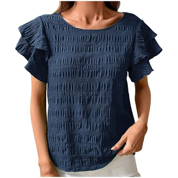 Fesfesfes Women's Casual Wrinkle Tops New Summer Short Ruffle Sleeves T-Shirt Round Neck Textured Fabric Flowy Tee Solid Color Outdoor(Dark Blue,L)