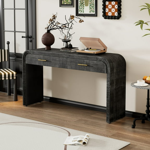 59" Narrow Console Table, Modern Wood Entryway Table with 2 Drawers and Adjustable Feet, Open Style Hallway Table Sofa Table for Living Room, Office, Black