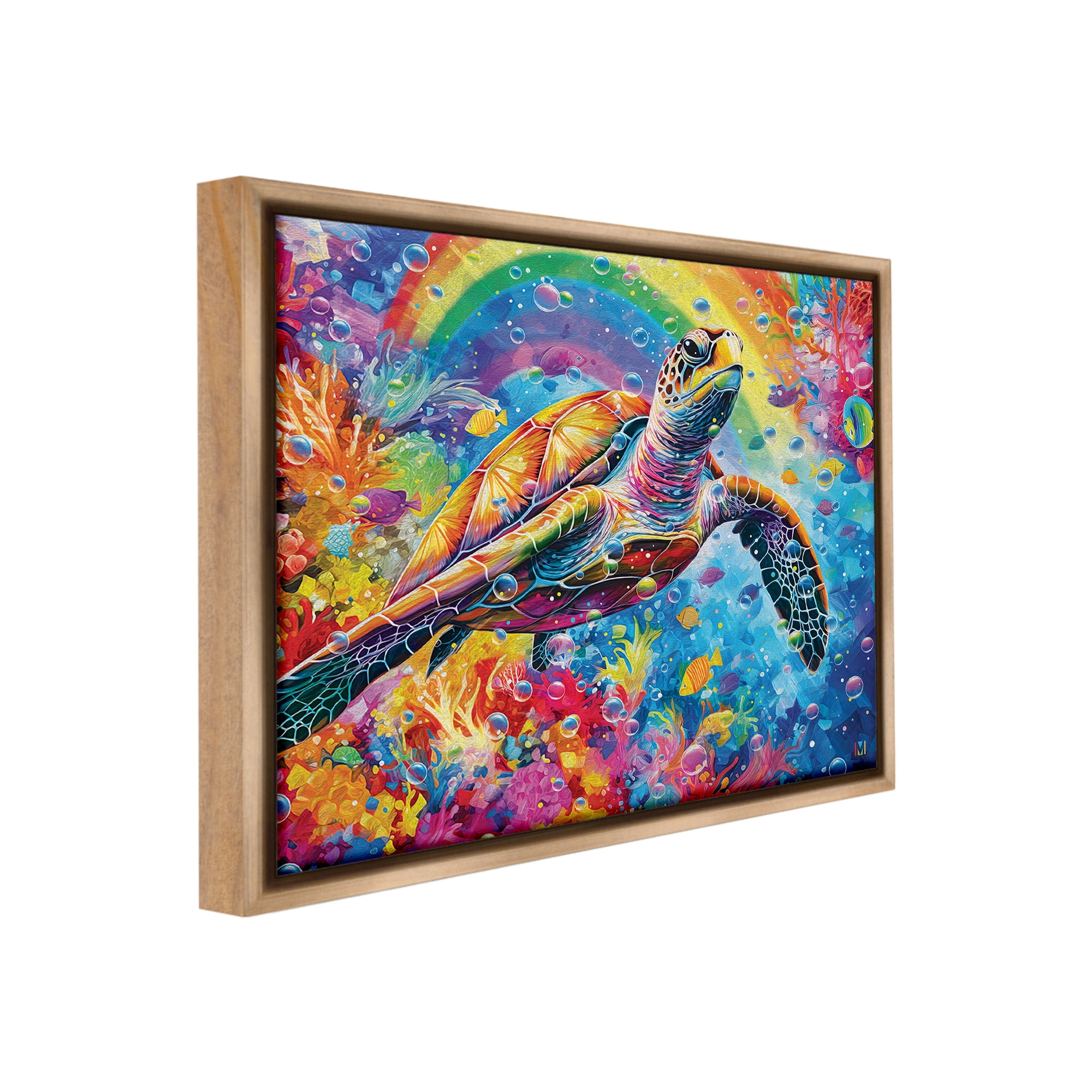Stupell Industries Turtle with Underwater Rainbow Animals & Insects Painting Brown Floater Framed Canvas Art Print Wall Art, 31 x 25