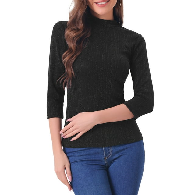 INSPIRAR CHIC Blusa Metálica Rayas Brillantes de Manga 3/4 para Mujeres Fiesta XL Negra
