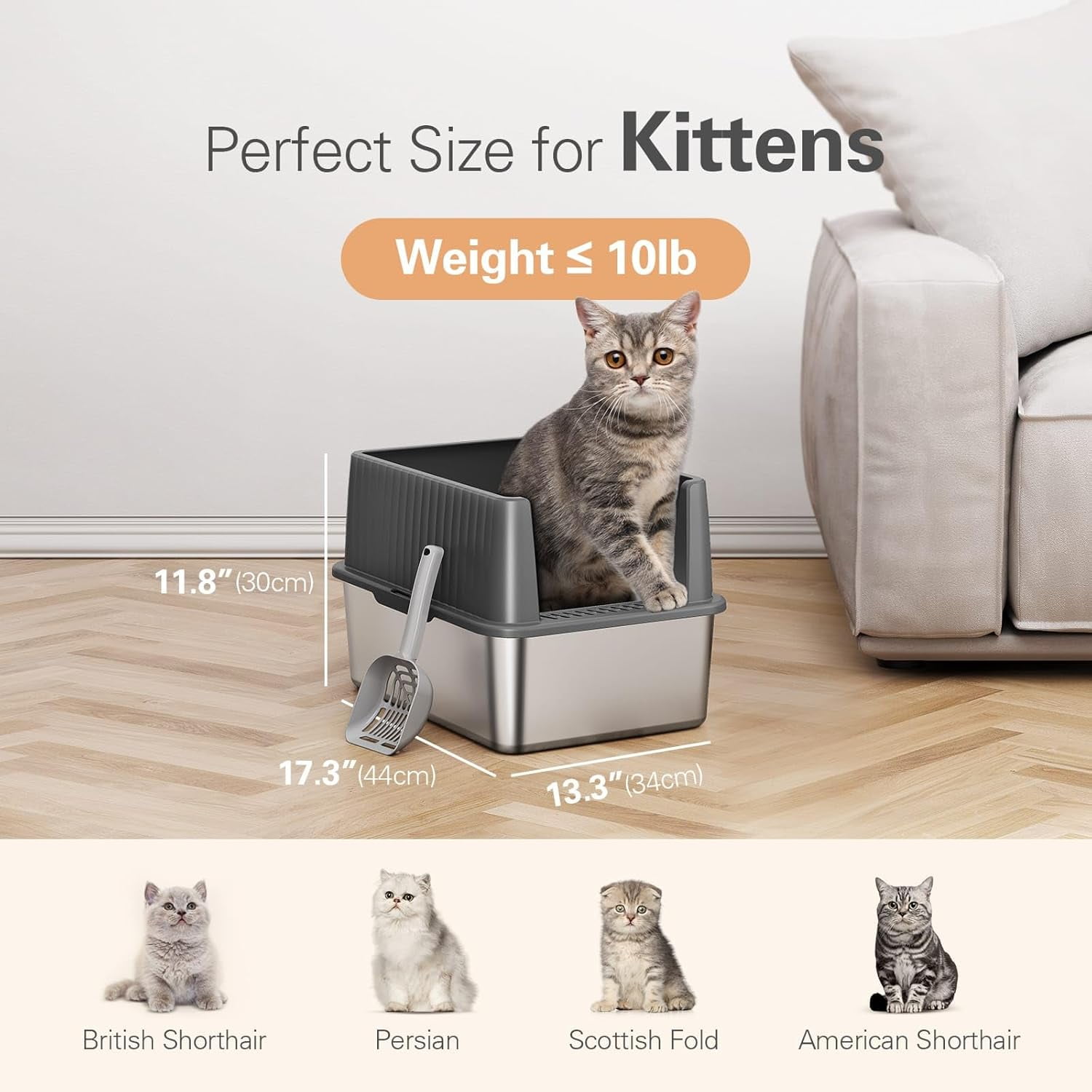 Stainless Steel Litter Box, Multi-Color Litter Box - High Sided, Small Metal Litter Box for Kittens - Easy to Clean, Leak-Proof, Non-Stick, Odor-reducing