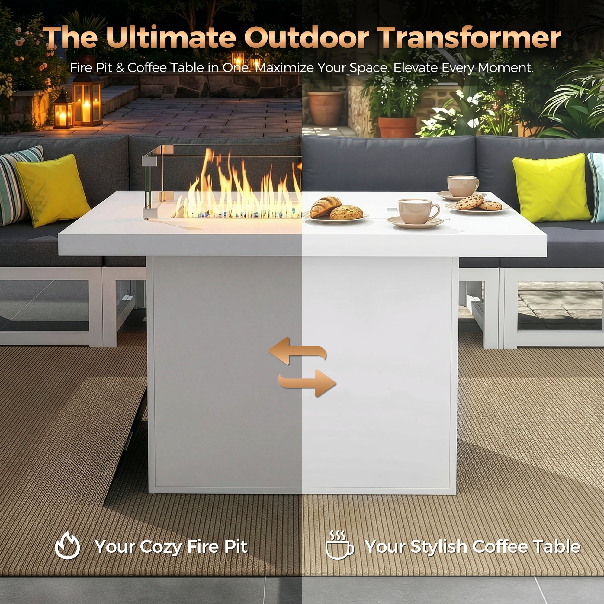 RADIATA 43" Aluminum Propane Fire Pit Table, 60,000 BTU Outdoor Gas Firepit, Rectangle CSA-Certified Patio Fireplace with Wind Guard & Glass Rocks, Rust-Proof White Fire Table for Deck Poolside