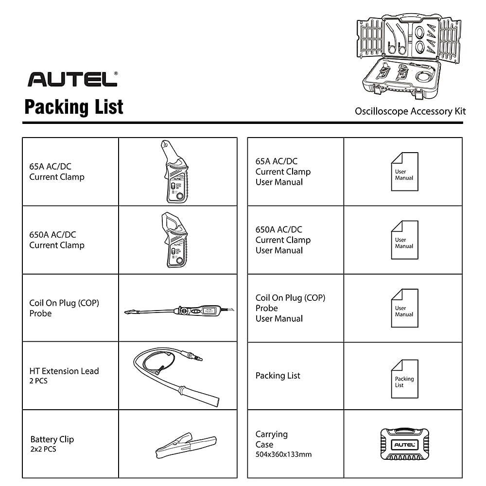 Autel MaxiSYS MSOAK Oscilloscope Accessory Kit Compatible With MaxiFlash VCMI, MS ULTRA, MS919 and MP408, Includes 65A/650A AC/DC Current Clamp, Coil on Plug Probe, HT Extension Lead and Battery Clip