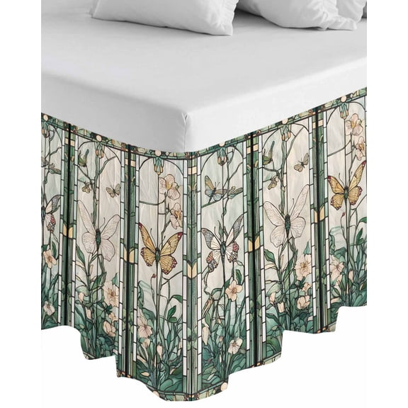 Retro Butterfly Wrap Around Bed Skirts for Queen Bed 16" Drop, Bed Skirt with Adjustable Elastic Belt Dust Ruffle Bed Valance for Bedroom Hotel Luxury Green Spring Floral Botanical Bed Frame Cover