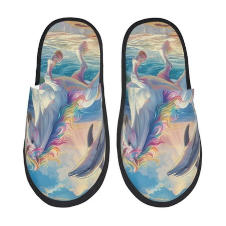 Balery Dolphin Rainbow Horse Slient Indoor Furry Fleece Comfort House Shoes Soft Non-Slip Home Shoes Cotton slippers House Slippers-- Medium