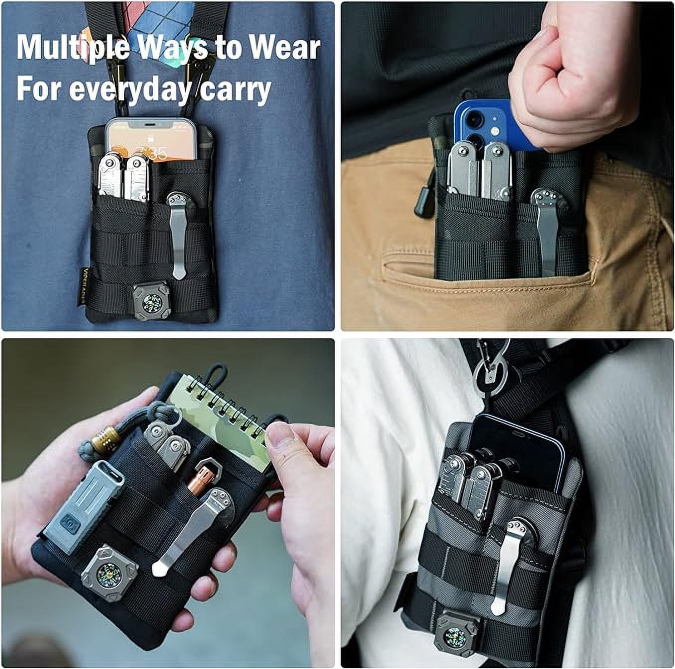 VIPERADE VE3 Tool Pouch Pocket Organizer, Nylon Tool Belt Loop Pouch with 4 Pockets Tool Storage EDC Pouch for Flashlight/Pocket Knife, Tactical Pen, Notebook (Grey)
