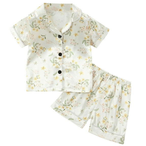 ZACPNCV Little Boys Girls Short Satin Pajamas Set Classic Silk Pjs Toddler Kids 2 Piece Sleepwear Nightwear Button-Down Short Sleeve and Shorts Summer Loungewear Beige 2-3 Years