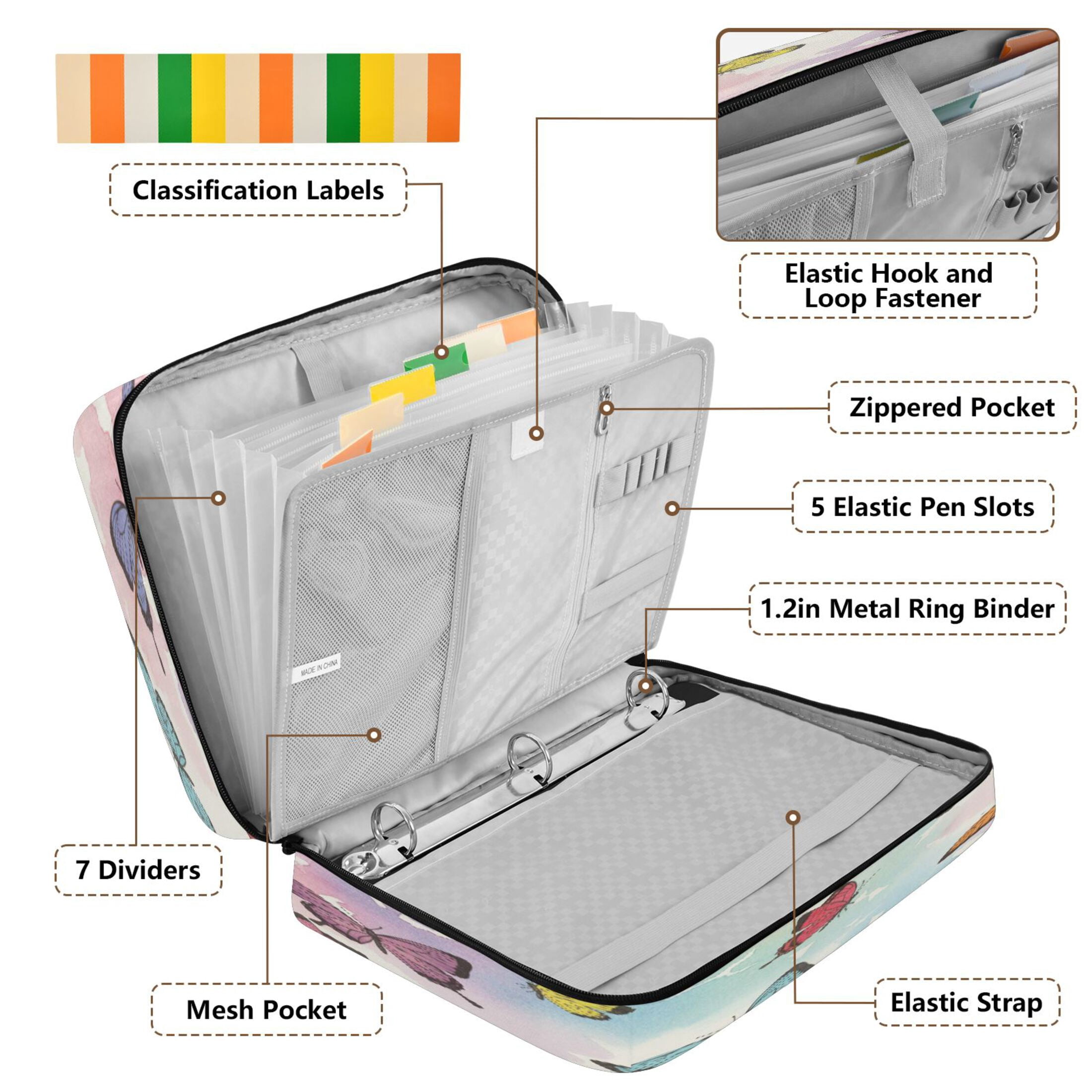 BZSMCE Butterflies Colorful Butterfly Pattern Water-Resistant Filing Folder Binder Organizer Keeper 1.2 Inch 3-Ring 7-Pocket Expanding File