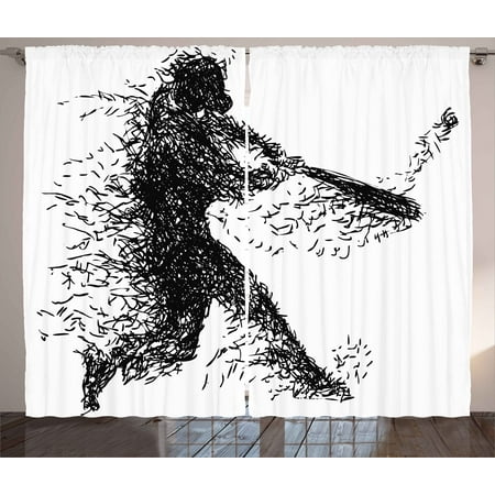 Black And White Panels Black and White Curtains 2 Panels Set, Abstract Artistic Illustration of a Baseball Player Posing Grunge Sports, Window Drapes for Living Room Bedroom, 108W X 84L Inches, Black White, by Ambesonne ()