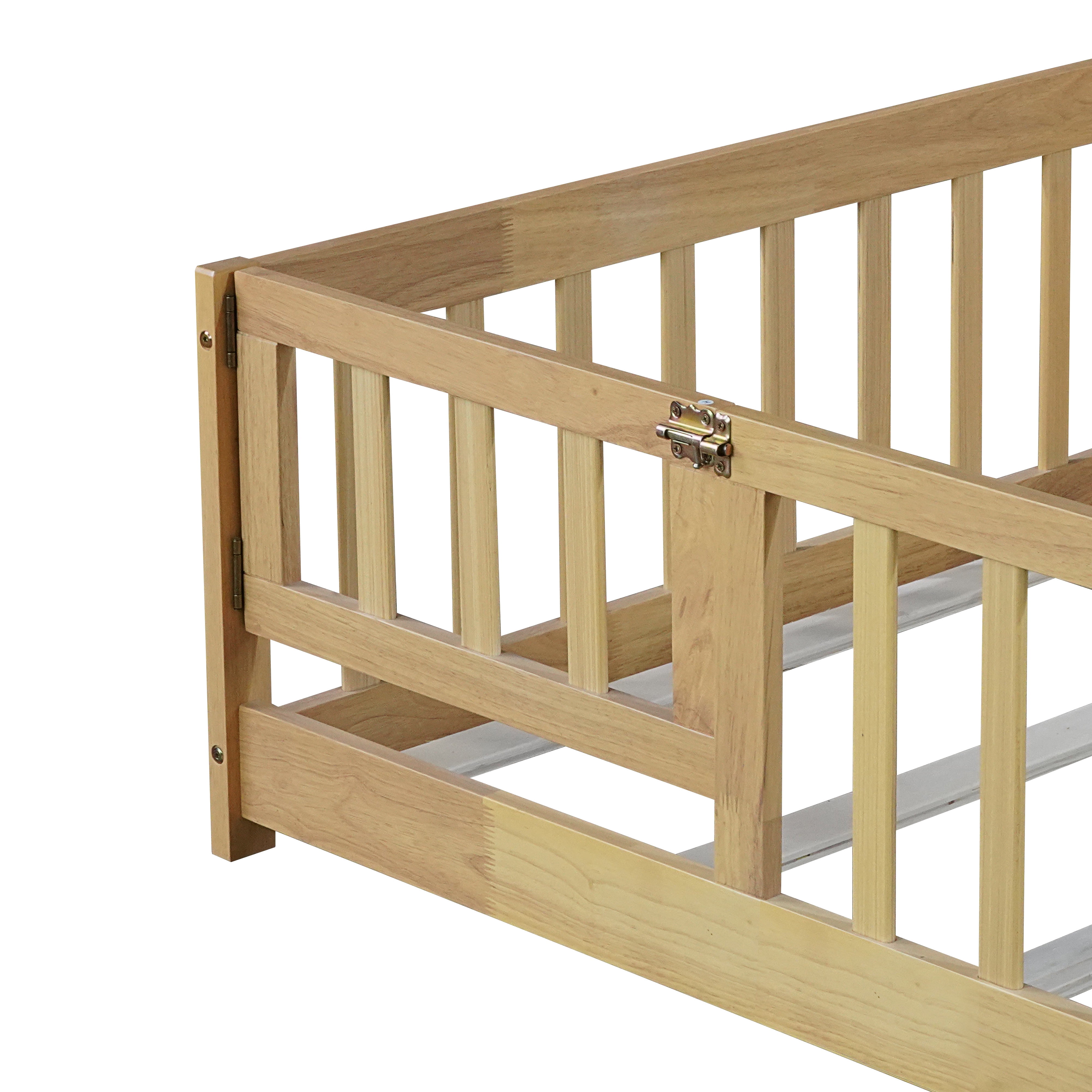 Sesslife Twin Size Floor Bed with Door and Fence, Wood Floor Platform Bed with Slats, Toddler Bed for Kids Boys Girls, Montessori Bed, No Box Spring Needed, Natural