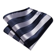 Mens Navy Blue Grey Striped Tie and Pocket Square Set Silk Necktie Handkerchief Cufflinks Tie Clip Business Formal