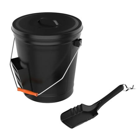 Home-Complete 4.75-Gallon Metal Ash Bucket with Lid and Shovel (Black)