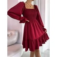 thumbnail image 6 of Women'S Square Neck Lantern Long Sleeve Ruffle Shirred Flowy Party Mini Dress Wine Red S, 6 of 8