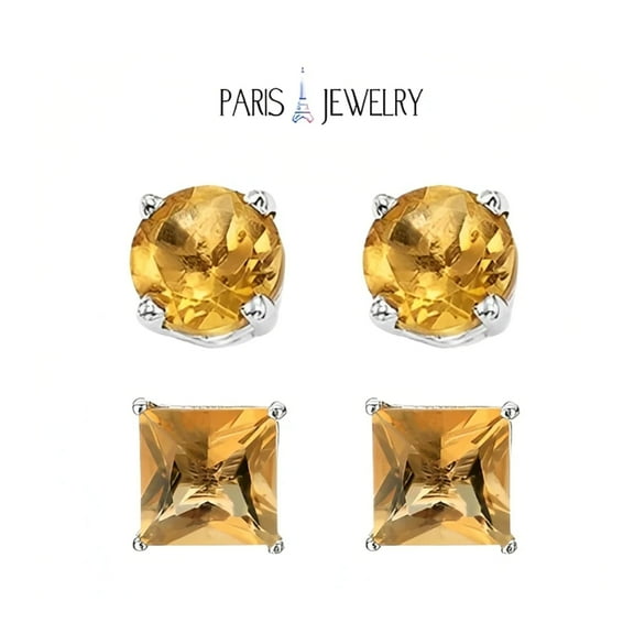 18k White Gold 6mm Round & Princess Cut Created Citrine Stud Earrings gift for Women Plated by Paris Jewelry