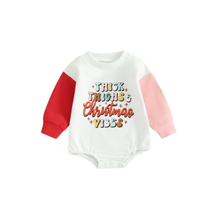

Suanret Baby Girls Christmas Romper Long Sleeve Letter/Santa Claus Print Contrast Color Jumpsuit Clothes Red 6-12 Months