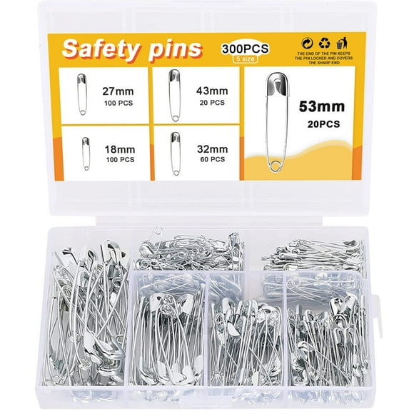 300 Pcs Safety Pins, Mini Metal Safety Pins with Storage Box, 5 Sizes Small Large Safety Pins, 18mm, 27mm, 32mm, 43mm, 53mm Safety Pins for Art Craft, Sewing, Jewelry Making, Dressmaking