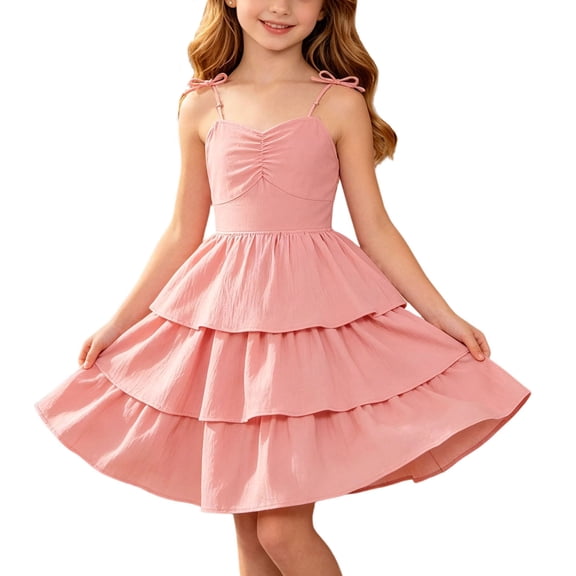ITSAME Girls Slip Dresses Tiered Ruffle A-Line Sleeveless Summer Casual Tunic Dress Pink Size 11