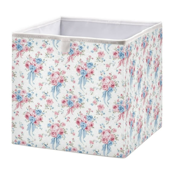 WOBOGO Pink Blue Flowers Ribbons Storage Basket Foldable Easy to Clean Durable with Hollow Support Plate with Handle 11.02×11.02×11.02 in